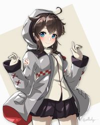 Rule 34 | 1girl, absurdres, ahoge, arthur ko, beige background, black hair, black skirt, blue eyes, braid, commentary request, cosplay, gloves, grey jacket, hair flaps, hair ornament, hair over shoulder, highres, hood, hooded jacket, hoodie, jacket, kantai collection, pleated skirt, shigure (kancolle), shiratsuyu (kancolle), shiratsuyu (kancolle) (cosplay), single braid, skirt, solo, twitter username, two-tone background, white background, white gloves