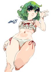 Rule 34 | 1girl, absurdres, arm up, artist name, bikini, curly hair, flat chest, foot out of frame, frilled bikini, frills, green eyes, green hair, highres, midriff, navel, one-punch man, open mouth, simple background, solo, sunglasses, swimsuit, tatsumaki, white background, white bikini, whoopsatro