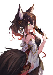 Rule 34 | 1girl, air (air end), animal ears, bare shoulders, blush, breasts, brown dress, brown hair, closed mouth, cowboy shot, detached sleeves, dress, earrings, fox ears, fox girl, fox tail, from side, gradient hair, gradient sleeves, green eyes, hair between eyes, hand fan, high ponytail, highres, holding, holding fan, honkai: star rail, honkai (series), jewelry, long hair, looking at viewer, medium breasts, multicolored hair, ponytail, red sleeves, smile, solo, tail, tingyun (honkai: star rail), white sleeves