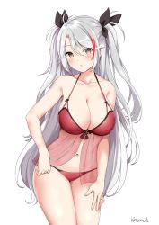 Rule 34 | 1girl, antenna hair, artist name, azur lane, bare shoulders, black ribbon, blush, bra, breasts, brown eyes, cleavage, collarbone, eyes visible through hair, hair ribbon, head tilt, highres, jewelry, kaetzchen, large breasts, leaning forward, lingerie, long hair, looking at viewer, mole, mole on breast, multicolored hair, navel, panties, parted lips, prinz eugen (azur lane), red bra, red hair, red panties, ribbon, ring, see-through, signature, silver hair, simple background, solo, standing, streaked hair, swept bangs, two side up, underwear, very long hair, wedding band, white background