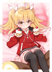Rule 34 | 1girl, ahoge, bed sheet, black thighhighs, blonde hair, blue archive, blush, brown eyes, closed mouth, commentary request, cupcake, feet out of frame, food, food on face, hair between eyes, hair ribbon, halo, harada (sansei rain), highres, holding, holding food, hood, hood down, hooded jacket, jacket, long sleeves, looking at viewer, lying, on back, pillow, pink skirt, plaid, plaid skirt, pleated skirt, puffy long sleeves, puffy sleeves, red jacket, ribbon, sailor collar, skirt, sleeves past wrists, solo, thighhighs, twintails, v-shaped eyebrows, white ribbon, white sailor collar, yoshimi (blue archive)