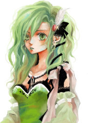 Rule 34 | 1990s (style), 1girl, aged up, bad id, bad pixiv id, breasts, dress, earrings, feathers, female focus, final fantasy, final fantasy iv, green eyes, green hair, jewelry, long hair, matching hair/eyes, namahamuro-su, pendant, retro artstyle, ribbon, rydia (ff4), simple background, solo