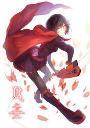 Rule 34 | 1girl, black hair, black pantyhose, boots, cape, cross-laced footwear, english text, full body, gun, highres, lace-up boots, lyrics, pantyhose, petals, red cape, rose petals, ruby rose, rwby, short hair, silversirius, solo, weapon