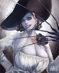 Rule 34 | 1girl, alcina dimitrescu, artist name, black gloves, black hat, breasts, capcom, claws, cleavage, dress, earrings, english text, evil grin, evil smile, gloves, grin, hat, highres, huge breasts, jewelry, looking at viewer, necklace, pale skin, photo-referenced, red lips, resident evil, resident evil village, smile, solo, teeth, wandzardeen, white dress