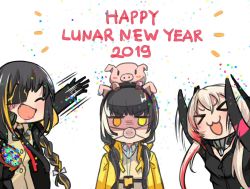 Rule 34 | 3girls, animal, animal ears, animal on head, annoyed, chinese new year, chinese zodiac, confetti, english text, eyepatch, closed eyes, girls&#039; frontline, heterochromia, hinagi (fox priest), m16a1 (girls&#039; frontline), m4 sopmod ii (girls&#039; frontline), multiple girls, on head, pig, pig ears, pig nose, ro635 (girls&#039; frontline), shaded face, year of the pig