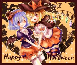 Rule 34 | 2girls, alternate costume, alternate headwear, bat wings, black cape, black headwear, blonde hair, bloomers, blue hair, blush, border, bow, brown border, cape, center frills, closed mouth, crystal, english text, flandre scarlet, frilled hairband, frills, hairband, happy, happy halloween, hat, hat bow, hat ribbon, looking at viewer, maru usagi, mini hat, multicolored wings, multiple girls, one eye closed, open mouth, orange bloomers, orange skirt, orange thighhighs, puffy short sleeves, puffy sleeves, purple shirt, purple thighhighs, red bow, red eyes, red hairband, red ribbon, remilia scarlet, ribbon, shadow, shirt, short sleeves, siblings, sisters, skirt, sleeve bow, sleeve ribbon, smile, striped clothes, striped thighhighs, thighhighs, touhou, underwear, white shirt, white thighhighs, wings, witch hat, yellow background
