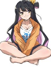 Rule 34 | 1girl, barefoot, black hair, breasts, cleavage, commentary request, denim, denim shorts, facing viewer, indian style, jacket, kantai collection, large breasts, ld (luna dial398), long hair, multicolored hair, naganami (kancolle), negative space, official alternate costume, orange jacket, pink hair, ribbon, shirt, shorts, sideways glance, simple background, sitting, solo, two-tone hair, wavy hair, white background, white shirt, yellow ribbon