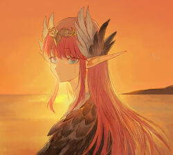 Rule 34 | 1girl, circe (fate), closed mouth, commentary request, elaine-didaea, fate/grand order, fate (series), feather hair ornament, feathered wings, feathers, hair ornament, highres, long hair, orange sky, outdoors, pink hair, pointy ears, sidelocks, sky, solo, tearing up, tears, tiara, very long hair, wings