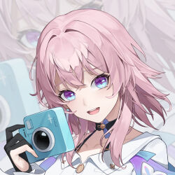 Rule 34 | 1girl, black choker, black gloves, blue eyes, bra strap, buttons, camera, chinese commentary, choker, commentary request, earrings, erjianaichimiguabao, gloves, hand up, highres, holding, holding camera, honkai: star rail, honkai (series), jewelry, long sleeves, looking at viewer, march 7th (honkai: star rail), medium hair, open mouth, partially fingerless gloves, pink hair, portrait, purple eyes, shirt, single earring, smile, solo, teeth, two-tone eyes, upper teeth only, white shirt, zoom layer