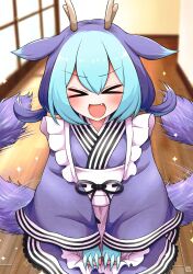 Rule 34 | &gt;o&lt;, animal ears, apron, artist name, blue hair, blush, claws, closed eyes, dragon girl, dragon horns, dragon tail, dress, duel monster, fang, hair between eyes, hands on lap, highres, horns, kneeling, laundry dragonmaid, maid, maid apron, motion lines, open mouth, purple dress, purple hair, scavia10, sparkle, tail, tail wagging, wooden floor, yu-gi-oh!