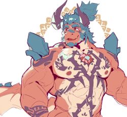 Rule 34 | 1boy, abs, another eidos-r, aqua hair, atmos (another eidos), bara, beard, body markings, chest jewel, colored skin, completely nude, dragon boy, dragon horns, facial hair, full beard, furry, furry male, groin, halo, halo behind head, high ponytail, highres, horns, huge eyebrows, huge pectorals, looking to the side, male focus, muscular, muscular male, nipples, nude, null-ghost, open mouth, red skin, solo, strongman waist, two-tone beard, white background
