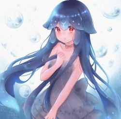 Rule 34 | 1girl, :o, absurdres, astartelia, bad id, bad twitter id, bao (vtuber), bao (vtuber) (1st costume), bare shoulders, blue hair, bubble, clenched hand, collarbone, commentary, dress, english commentary, grey dress, hair between eyes, hand on own chest, highres, holding, holding hair, indie virtual youtuber, liquid hair, long hair, looking down, open mouth, red eyes, solo, underwater, very long hair, virtual youtuber