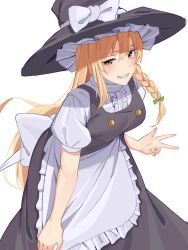 Rule 34 | 1girl, apron, bent over, black hat, black vest, blonde hair, blush, braid, breasts, buttons, commentary request, doitsuudon, frilled apron, frills, green ribbon, grin, hair ribbon, hat, hat ribbon, highres, kirisame marisa, large breasts, long hair, looking at viewer, puffy short sleeves, puffy sleeves, ribbon, shirt, short sleeves, sidelocks, simple background, single braid, smile, solo, touhou, tress ribbon, turtleneck, v, vest, waist apron, white apron, white ribbon, white shirt, witch hat, yellow eyes