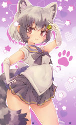 Rule 34 | 1girl, :3, animal ears, bishoujo senshi sailor moon, bow, bowtie, character request, choker, commentary request, common raccoon (kemono friends), cosplay, cowboy shot, elbow gloves, extra ears, gloves, gold trim, grey bow, grey bowtie, grey hair, highres, japari coin, kemono friends, kolshica, multicolored hair, pleated skirt, purple bow, purple bowtie, purple skirt, raccoon ears, raccoon girl, raccoon tail, sailor collar, short hair, skirt, sleeveless, solo, tail, unofficial sailor senshi uniform, white gloves