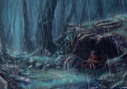 Rule 34 | 1girl, bow, dark, doll joints, dress, forest, green eyes, haguruma rapt, hairband, highres, joints, livee, mary janes, nature, original, puddle, rain, red dress, ruins, scenery, shoes, short hair, silver hair, sitting, solo, tree