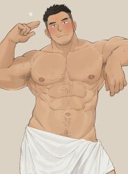 Rule 34 | 1boy, abs, amaimao, armpit hair, armpit hair peek, armpit stubble, bara, blush, contrapposto, cowboy shot, facial hair, goatee stubble, hairy, heart, highres, large pectorals, looking at viewer, male focus, mature male, muscular, muscular male, mustache stubble, navel, navel hair, nipples, original, pectorals, short hair, solo, sparse chest hair, sparse navel hair, standing, stomach, strongman waist, stubble, thick eyebrows, topless male, undercut, waving