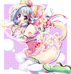 Rule 34 | 1girl, animal ears, ass, bare shoulders, blue hair, boots, bow, bracelet, breasts, cat ears, cat tail, clothes lift, fingerless gloves, frilled thighhighs, frills, gloves, green footwear, hair bow, hair ornament, headphones, heart, holding own tail, jewelry, large breasts, mouth hold, no panties, original, pandaki (aki), purple eyes, ribbon, short hair, skirt, skirt lift, solo, tail, tail grab, tail ornament, tail ribbon, thighhighs, white thighhighs