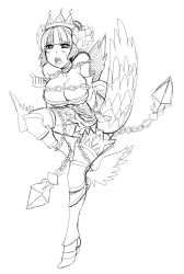 Rule 34 | 1girl, ankle wings, armor, armored dress, bare shoulders, breasts, chain, chained, cleavage, crown, greyscale, gwendolyn (odin sphere), highres, kekekeke, large breasts, leg wings, lineart, monochrome, odin sphere, short hair, solo, wings