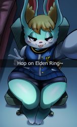Rule 34 | 1boy, absurdres, animal crossing, animal ears, ass, blonde hair, chair, clothes, doeswhatever, english text, furry, furry male, highres, huge ass, looking at viewer, male focus, nintendo, pointy ears, purple eyes, sasha (animal crossing), selfie, short hair, shorts, sitting, smile, snapchat, solo, tongue, tongue out, trap, v