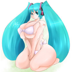 Rule 34 | artist request, bikini, breasts, hatsune miku, hip focus, kneeling, large breasts, long hair, plump, swimsuit, thick thighs, thighs, twintails, very long hair, vocaloid, wide hips
