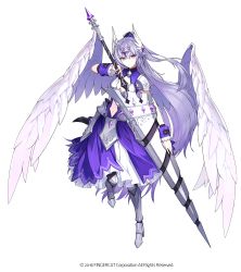 Rule 34 | 1girl, absurdres, angel girl, angel wings, character request, copyright request, dress, full body, highres, hwansang, long hair, official art, purple dress, purple eyes, silver hair, solo, weapon, white background, wings