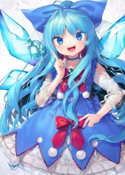 Rule 34 | 1girl, ahoge, alternate color, alternate hairstyle, animal, artist name, bare shoulders, belt, blue belt, blue bow, blue choker, blue dress, blue eyes, blue hair, blue nails, bow, bowtie, choker, cirno, collarbone, collared dress, commentary request, dress, dress bow, eyelashes, eyes visible through hair, fang, fingernails, frills, frog, gem, gradient background, grey background, gunjou row, hair between eyes, hand on own hip, hand up, highres, ice, ice wings, jewelry, long fingernails, long hair, long sleeves, looking at viewer, magic, nail polish, off-shoulder dress, off shoulder, open mouth, pointing, pom pom (clothes), ponytail, puffy long sleeves, puffy sleeves, red bow, red bowtie, smile, snowflakes, solo, standing, teeth, tongue, touhou, v, v-shaped eyebrows, wavy hair, white background, white dress, wings