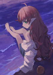 Rule 34 | 1girl, absurdres, ahoge, apple, arknights, bare legs, bare shoulders, barefoot, beach, black skirt, closed mouth, food, fruit, full body, green eyes, highres, jacket, long hair, long sleeves, looking at viewer, looking back, miebao, miniskirt, myrtle (arknights), off shoulder, open clothes, open jacket, outdoors, pointy ears, red hair, skirt, sleeves past fingers, sleeves past wrists, smile, solo, very long hair, water, white jacket