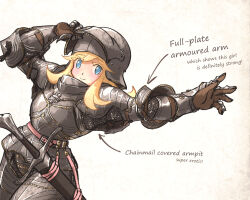 Rule 34 | 1girl, armor, blonde hair, blue eyes, brown gloves, chainmail, commentary, cowboy shot, dutch angle, english commentary, english text, gloves, perlweiss (ironlily), helmet, ironlily, looking at viewer, original, plate armor, sheath, sheathed, sidelocks, simple background, smile, solo, sword, visor lift, weapon, white background