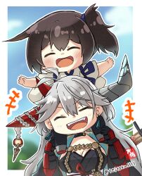 Rule 34 | +++, 2girls, :d, ^ ^, antenna hair, azur lane, black hair, carrying, closed eyes, commentary request, crossover, earrings, grey hair, hair between eyes, hakuryuu (azur lane), japanese clothes, jewelry, kaga (kancolle), kantai collection, long hair, long sleeves, looking at viewer, multiple girls, open mouth, outstretched arms, piggyback, side ponytail, sidelocks, smile, spread arms, taisa (kari), tasuki, wide sleeves
