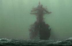 Rule 34 | absurdres, destroyer, fog, green theme, highres, horror (theme), kakesoba, military, military vehicle, no humans, original, ship, warship, water, watercraft, waves