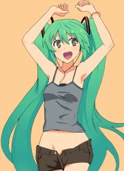 Rule 34 | 1girl, armpits, arms up, bad id, bad pixiv id, camisole, digital media player, green hair, hatsune miku, headphones, heart, hyakuen raitaa, ipod, long hair, midriff, no panties, open fly, open mouth, solo, symbol-shaped pupils, twintails, unzipped, vocaloid