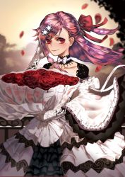 Rule 34 | 1girl, alternate costume, artist request, asymmetrical bangs, blurry, blurry background, blush, bouquet, bow, bow choker, braid, choker, closed mouth, cloud, collarbone, cowboy shot, depth of field, dress, elbow gloves, evening, floating hair, flower, girls&#039; frontline, gloves, hair between eyes, hair bow, hair ornament, hair ribbon, hairclip, hand on own head, hand to own head, hexagram, highres, holding, holding bouquet, jewelry, lace trim, layered dress, long hair, looking at viewer, negev (girls&#039; frontline), one side up, outdoors, petals, pink hair, railing, red bow, red eyes, red flower, red ribbon, red rose, ribbon, ring, rose, side braid, smile, solo, star of david, wide sleeves, wind, wind lift