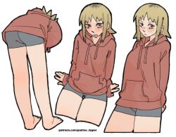 Rule 34 | 1girl, arms behind back, blonde hair, blush, chainsaw man, forked tongue, highres, hood, hoodie, looking at viewer, looking down, pantsu-ripper, patreon username, red eyes, red hoodie, sawatari akane (chainsaw man), short hair, shorts, sidelocks, simple background, slit pupils, solo, tongue, white background