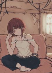 Rule 34 | 1girl, artist request, bare shoulders, barefoot, brown eyes, brown hair, couch, highres, iwakura lain, looking at viewer, red eyes, red hair, serial experiments lain, sitting, source request, window