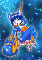 Rule 34 | 1girl, animal ears, blue background, blue hair, blue skin, blush, breasts, colored skin, female focus, fox, fox ears, full body, furry, furry female, green eyes, jewelry, krystal, lots of jewelry, medium breasts, michiyoshi, nintendo, no humans, open mouth, sandals, short hair, smile, solo, staff, star fox, star fox adventures, tail, weapon