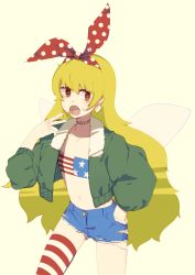 Rule 34 | 1girl, ai ken, alternate costume, american flag, american flag legwear, bandeau, blonde hair, blue bandeau, blue shorts, bow, casual, chips (food), clownpiece, collarbone, commentary request, contemporary, ear piercing, eating, fairy wings, flat chest, food, green jacket, hair between eyes, hand on own hip, highres, jacket, long hair, looking away, looking to the side, midriff, nail polish, navel, open mouth, piercing, polka dot, polka dot bow, red bandeau, red bow, red eyes, red thighhighs, shorts, simple background, single thighhigh, solo, star (symbol), star print, stomach, striped bandeau, striped clothes, striped thighhighs, thighhighs, thighs, torn clothes, torn shorts, touhou, very long hair, white thighhighs, wings, yellow background