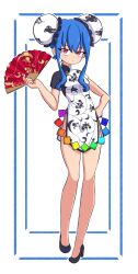 Rule 34 | 1girl, absurdres, adapted costume, alternate hairstyle, black footwear, blue hair, bun cover, china dress, chinese clothes, double bun, dress, full body, hair bun, hand fan, high heels, highres, hinanawi tenshi, holding, holding fan, looking at viewer, rainbow order, red eyes, sidelocks, smug suriipi, solo, touhou, white background