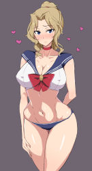 Rule 34 | 10s, 1girl, alternate hairstyle, arm behind head, bishoujo senshi sailor moon, blonde hair, blue eyes, blue panties, blue sailor collar, blush, bow, bra, breasts, choker, cleavage, closed mouth, collarbone, comic, cosplay, covered erect nipples, cowboy shot, girls und panzer, grey background, groin, gym shorts, hair intakes, hair up, heart, highres, kay (girls und panzer), large breasts, looking at viewer, mordeth, navel, panties, red bow, sailor collar, sailor moon, sailor moon (cosplay), scrunchie, short hair, short ponytail, shorts, simple background, skindentation, smile, solo, standing, stomach, underwear, underwear only, white bra, wide hips