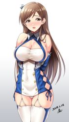 Rule 34 | 1girl, arms behind back, azur lane, bare shoulders, blue dress, blue gloves, blush, breasts, brown eyes, brown hair, buttons, cleavage, cosplay, dated, dress, garter straps, gloves, gradient background, hair ornament, halterneck, highres, hip focus, idolmaster, idolmaster cinderella girls, large breasts, long hair, looking at viewer, nitta minami, signature, skindentation, smile, solo, st. louis (azur lane), st. louis (azur lane) (cosplay), swept bangs, thighhighs, thighs, two-tone dress, underbust, white background, white dress, white gloves, white thighhighs, yoohi