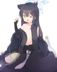 Rule 34 | 1girl, absurdres, age regression, aged down, animal ear fluff, animal ears, arm up, black dress, black hair, blue archive, blunt bangs, bridal gauntlets, china dress, chinese clothes, commentary request, dress, elbow gloves, flat chest, gloves, green eyes, highres, long hair, navel, off shoulder, one eye closed, open mouth, oversized clothes, shun (blue archive), shun (small) (blue archive), sitting, solo, tiger ears, tiger girl, tsukimi (rivia)