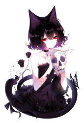 Rule 34 | 1girl, animal ears, artist name, bare arms, bare shoulders, black choker, black dress, black flower, black hair, black rose, blood, bug, butterfly, cat, cat ears, cat girl, cat tail, choker, collarbone, commentary, crescent moon, dress, flower, glowing, glowing eyes, goth fashion, hair between eyes, highres, holding, holding skull, insect, looking at viewer, moon, nail polish, original, pale skin, red eyes, red nails, rose, sheya, short hair, signature, simple background, skull, smile, solo, strapless, strapless dress, tail, white background