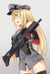 Rule 34 | 10s, 1girl, assault rifle, ayyh, bad id, bad pixiv id, bismarck (kancolle), black panties, blonde hair, blue eyes, elbow gloves, g36k, gloves, gun, h&amp;k g36, hat, heckler &amp; koch, highres, kantai collection, long hair, no pants, open mouth, panties, rifle, solo, thighhighs, underwear, weapon