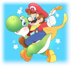 Rule 34 | blue background, blue eyes, brown footwear, brown hair, cape, cape feather, cape mario, colored skin, facial hair, feathers, gloves, green skin, highres, holding, holding feather, looking at viewer, male focus, mario, mario (series), mustache, nintendo, open mouth, orange footwear, overalls, riding, smile, star (symbol), super mario world, tail, vergolophus, white gloves, yoshi
