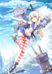Rule 34 | 10s, 1girl, alternate eye color, bad id, bad pixiv id, black panties, blonde hair, elbow gloves, gloves, highres, kantai collection, lifebuoy, long hair, panties, personification, red eyes, rensouhou-chan, shimakaze (kancolle), striped clothes, striped thighhighs, suikaxd(zhanweiheng1992), swim ring, thighhighs, underwear, white gloves