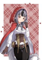 absurdres animal_ears brown_corset brown_gloves cape chochoo corset fire_emblem fire_emblem_fates gloves grey_hair grey_tail highres hood hood_up hooded_cape multicolored_hair nintendo red_hood tail two-tone_hair velouria_(fire_emblem) wolf_ears wolf_girl wolf_tail