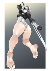 Rule 34 | 1girl, ass, bare legs, barefoot, black hairband, blindfold, border, breasts, butt crack, cleavage, clothing cutout, eiji (eiji), feather trim, feet, foot focus, foreshortening, full body, gloves, hairband, highleg, highleg leotard, highres, holding, holding weapon, large breasts, leotard, lips, long sleeves, nier:automata, nier (series), open mouth, puffy sleeves, short hair, signature, silver hair, simple background, solo, sword, thighs, weapon, white border, 2b (nier:automata)