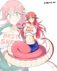 Rule 34 | 1girl, absurdres, blue skirt, breasts, commentary request, crop top, hand on own hip, highres, jarckius, lamia, large breasts, long hair, looking at viewer, midriff, miia (monster musume), miniskirt, monster girl, monster musume no iru nichijou, navel, pencil skirt, pink hair, pointy ears, shirt, short sleeves, simple background, skirt, smile, stomach, very long hair, white background, white shirt, yellow eyes, zoom layer