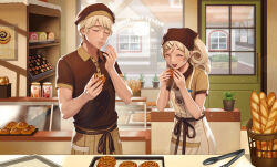 Rule 34 | 1boy, 1girl, apron, baguette, bakery, bread, brown shirt, cinnamon roll, closed eyes, counter, craple, curly hair, eating, food, hair ornament, hairclip, highres, indoors, jam, original, plant, potted plant, shirt, shop, short hair, short sleeves, standing, sweets, table, tongs, window