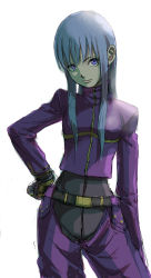 Rule 34 | 1girl, absurdres, belt, blue hair, bodysuit, chaps, closed mouth, gloves, hand on own hip, highres, kula diamond, long hair, looking at viewer, purple eyes, red eyes, simple background, snk, solo, the king of fighters, the king of fighters 2000, white background, yamamoto souichirou