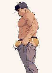 Rule 34 | 1boy, abs, absurdres, bandaid, bandaid on face, bandaid on nose, bara, black hair, bouncing bulge, bulge, bulge lift, dressing, facial hair, feet out of frame, from side, goatee, grey pants, highres, i&#039;ve never seen a guy recreate this successfully tbh (meme), kosuke (ksk11ksk11), large pectorals, looking at bulge, male focus, male swimwear, mature male, meme, motion lines, muscular, muscular male, nipples, open pants, original, pants, pants lift, pectorals, short hair, sideburns, solo, spiked hair, stomach, sweatdrop, topless male, undersized clothes, yellow male swimwear